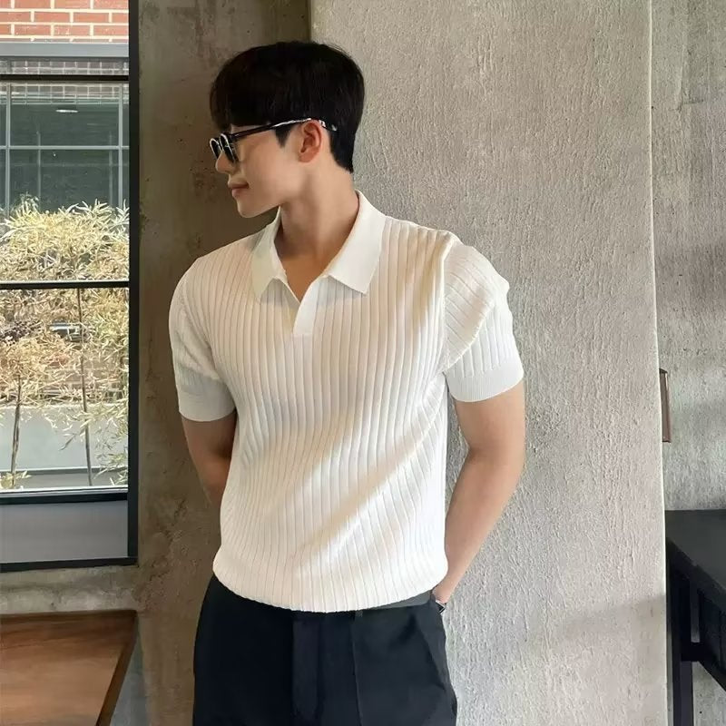 Summer Ice Silk Men&#039;s Lapel POLO Short-sleeved T-shirt Thin Shirt Fashionable V-neck Striped Knitted Bottoming Shirt Men