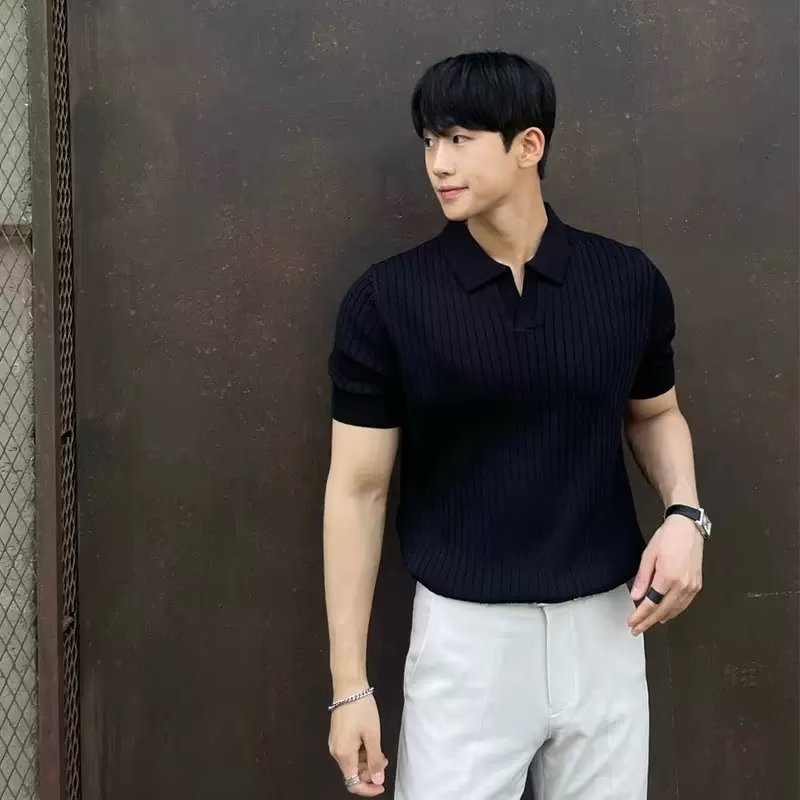 Summer Ice Silk Men&#039;s Lapel POLO Short-sleeved T-shirt Thin Shirt Fashionable V-neck Striped Knitted Bottoming Shirt Men