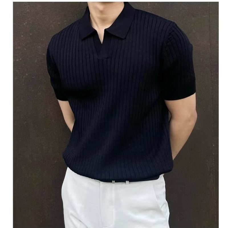 Summer Ice Silk Men&#039;s Lapel POLO Short-sleeved T-shirt Thin Shirt Fashionable V-neck Striped Knitted Bottoming Shirt Men