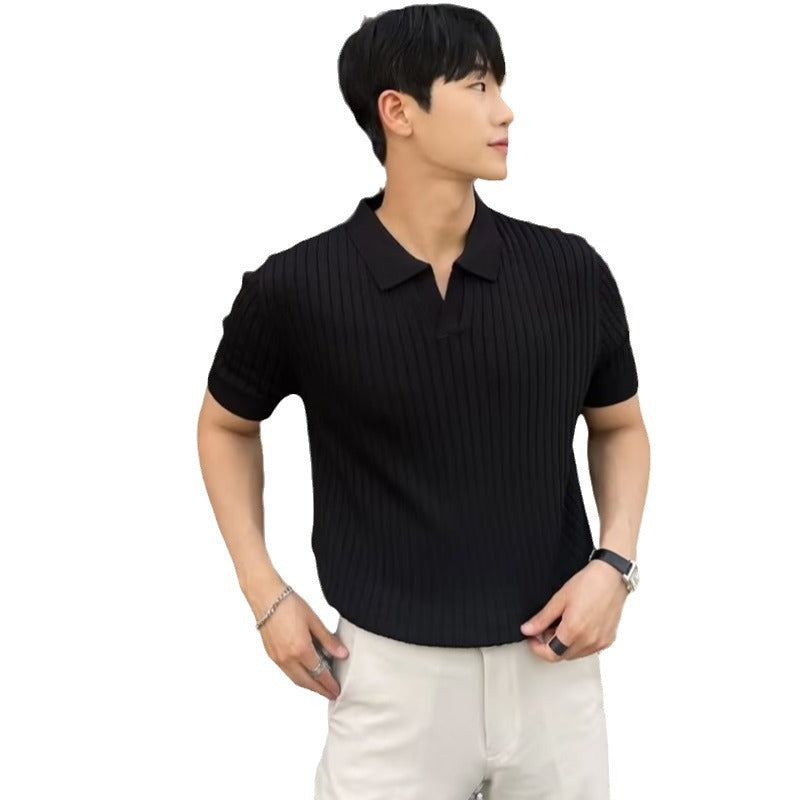 Summer Ice Silk Men&#039;s Lapel POLO Short-sleeved T-shirt Thin Shirt Fashionable V-neck Striped Knitted Bottoming Shirt Men