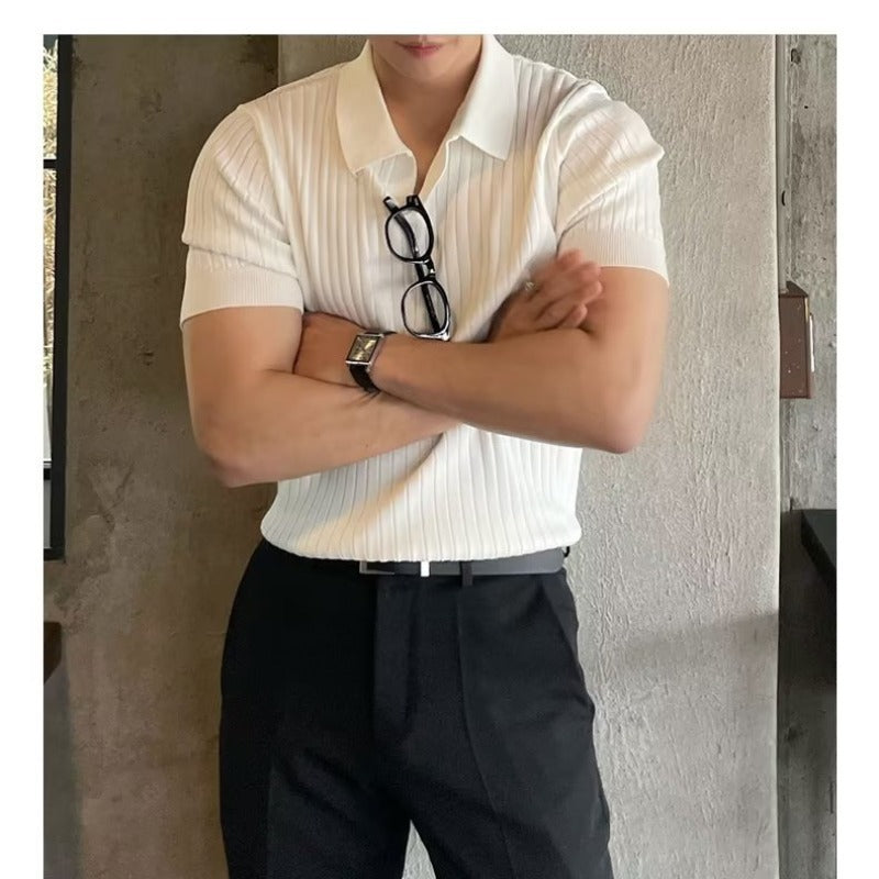 Summer Ice Silk Men&#039;s Lapel POLO Short-sleeved T-shirt Thin Shirt Fashionable V-neck Striped Knitted Bottoming Shirt Men